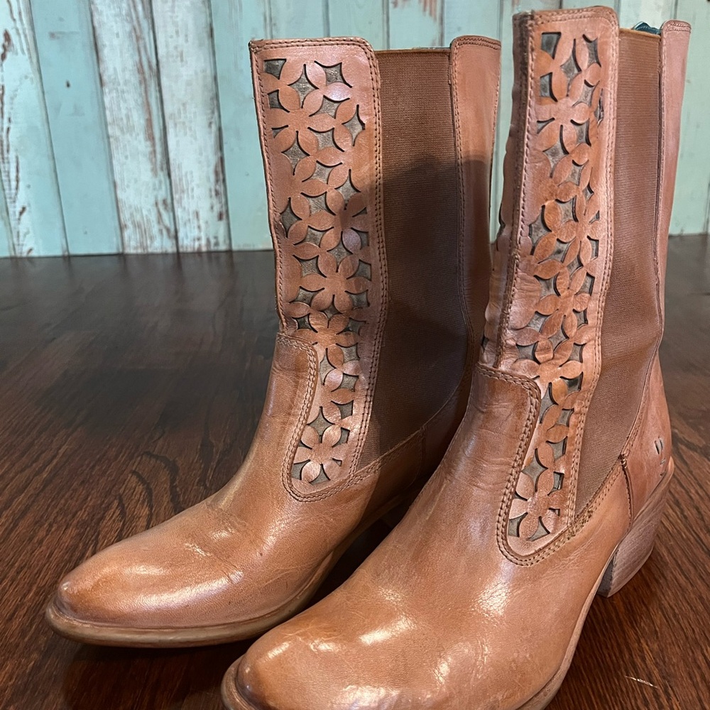 Chic Tan Leather Cut-Out Heeled Boots. Make an offer!